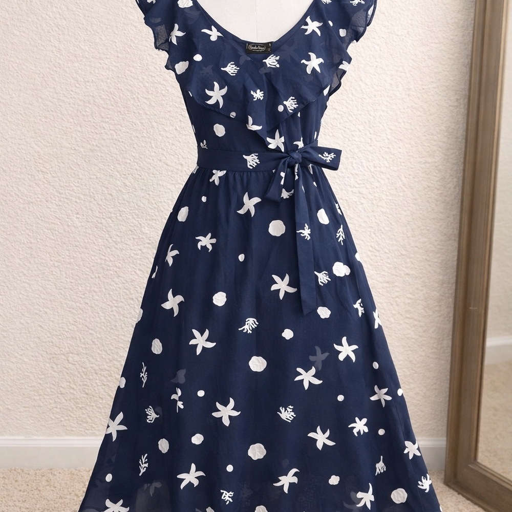 Voodoo Vixen Navy Blue Floral Dress Size S Ruffle Sleeve Tie Waist Fit & Flare